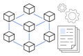 Blockchain Network Diagram with Interconnected Cubes, Documents, and Gear Icons Representing Collaboration Royalty Free Stock Photo