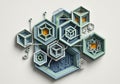 Interconnected 3D hexagonal structures in various shades of blue, Royalty Free Stock Photo