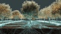 Interconnected forest trees with a glowing network of roots underground, a futuristic visualization of mycelium Royalty Free Stock Photo