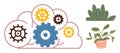 Interconnected Gears in Cloud with Potted Plants, Representing Technology and Sustainability Royalty Free Stock Photo