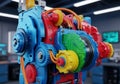 Interconnected gears and components in blue, red, yellow, and Royalty Free Stock Photo