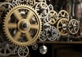 Interconnected gears in various sizes and metallic colors create a complex mechanical system. The Royalty Free Stock Photo
