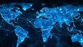 Interconnected Global Network Map: Vibrant World Map Rendered in Shades of Blue with Glowing Nodes and Connecting Lines Royalty Free Stock Photo