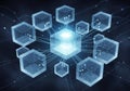 Of interconnected glowing cubes, resembling blockchain technology, Royalty Free Stock Photo