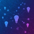 Interconnected light bulbs are depicted in a network pattern against a gradient blue to Royalty Free Stock Photo