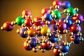 Interconnected multi-colored models molecule closeup on yellow background