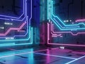 Interconnected neon circuit labyrinth in futuristic setting Royalty Free Stock Photo