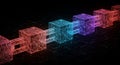 Interconnected neon cubes display a digital representation of a blockchain. The Royalty Free Stock Photo