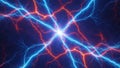 Interconnected network of bright blue and red lightning bolts emanating from a central bright white light Keywords Royalty Free Stock Photo