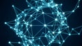 Interconnected network of glowing blue nodes and lines forming a complex geometric structure against a dark background Royalty Free Stock Photo
