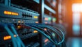 Interconnected network servers in data center rack with blurred background. Information technology hardware, data transfer, Royalty Free Stock Photo