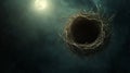 Interconnected roots and branches form a globe in this dark and surreal digital art concept