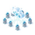 Interconnected servers and cloud computing network with data flow visualization Royalty Free Stock Photo