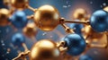 Interconnected spherical structures resembling molecules in digital art. Gold and blue spheres Royalty Free Stock Photo