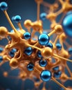Interconnected spherical structures resembling molecules in digital art. Gold and blue spheres Royalty Free Stock Photo