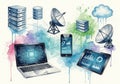 Interconnected technology elements, including a laptop, smartphone, tablet, Royalty Free Stock Photo