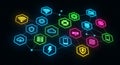 Colorful network of interconnected technology icons representing digital connectivity Royalty Free Stock Photo