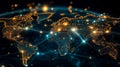 Interconnected World Digital Network Map with Glowing Nodes and Connection Lines on a Dark Background Royalty Free Stock Photo