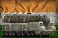 Intercontinental ballistic missile with city camouflage on the India national flag background. 3d Illustration