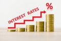 Interest rate financial and mortgage rates concept, stack of coin showing percentage increase graph interest rates rise Royalty Free Stock Photo