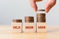 Interest rate mortgage property investment MLR, MOR, MRR. Coin stack step on wooden block