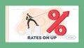 Interest Rate On Up Landing Page Template. Business Man Character Stands Atop A Column Chart And Pulls Up Percent Sign Royalty Free Stock Photo