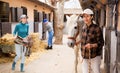 Asian woman horse breeder leading white racehorse along stables outdoors Royalty Free Stock Photo