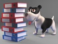 Interested black and white puppy dog looks at a stack of files and folders, 3d illustration Royalty Free Stock Photo