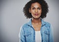 Interested black woman with blue jean shirt