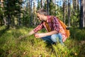 Interested carefree man tourist hiker picks mushrooms berries in forest, collects edible products.