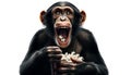 Interested chimpanzee eating popping popcorn in his mouth with amazed face