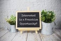 Interested in a franchise opportunity? text message write on blackboard with easel on wooden background