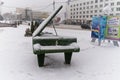 Vitebsk, Belarus, January 5, 2024. Green concert grand piano in the city center in winter. Royalty Free Stock Photo