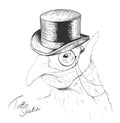 Interesting bird in black top hat and monocle.