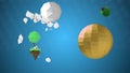 Interesting cartoon, low-poly objects, rotating over blue background, looking as if coming from popular angry birds game