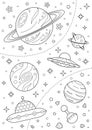 Interesting coloring page with different planets, alien spaceships and stars Royalty Free Stock Photo
