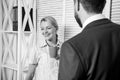 Interesting conversation. Bearded man and woman talking. Couple conversation during lunch time. Office rumors. Office Royalty Free Stock Photo