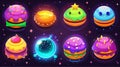 An interesting 2D designer's set showing a candy game world with a space food planet cartoon. A sweet donut cake and Royalty Free Stock Photo