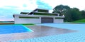 Interesting design of the house territory in front of the garage entrance. Decked area around the swimming pool. 3d rendering