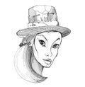 Interesting girl in steampunk style. Beauty in a hat. Preti Young Girl has cunning eyes. Ink drawing.