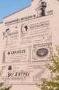 old advertisements on a mural in Bydgoszcz, side wall of a building in the old city, Poland, Europe