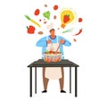 Interesting idea, people certain profession, man chef`s hat prepares lunch, cartoon style vector illustration, isolated