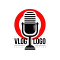 Interesting logo with retro microphone and red circle on background. Vlog or video blogging concept. Live stream badge