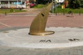 Myshkin, Russia, July 9, 2023. Bronze sundial on the city square.