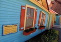 Humorous view of slanted house in amusement park, Santa`s Village, New Hampshire, 2016