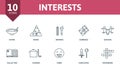 Interests icon set. Contains editable icons activity and hobbies theme such as eating, drawing, dancing and more.