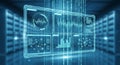 Interface displays floating holographic data panels overlaid with Royalty Free Stock Photo