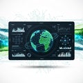 Interface featuring a global map surrounded by data charts and network Royalty Free Stock Photo