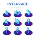 Interface icons set. User interface 3D isometric icons for mobile and web. Warning, Gears, Like, Favorite, Login form, Location,