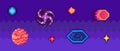 Game about space interface layout design with cosmic objects. Pixelated sky with flying elements